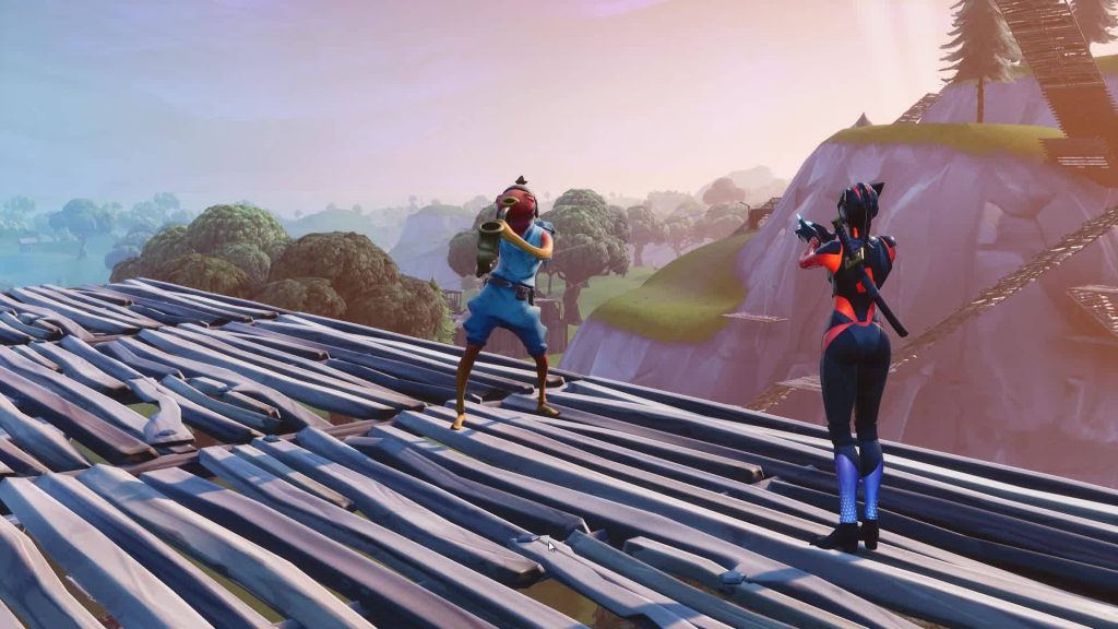 Fortnite Fishstick saxophone and Lynx aiming on wooden roof at golden sunset 3D wallpaper