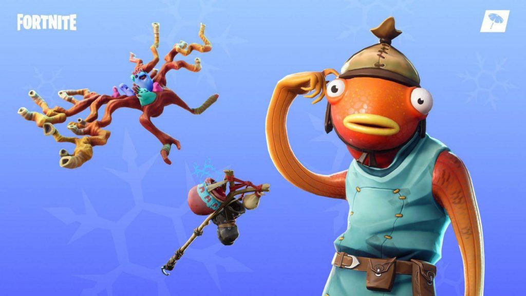 Fortnite Fishstick skin CGI wallpaper blue snowflake background battle royale desktop art