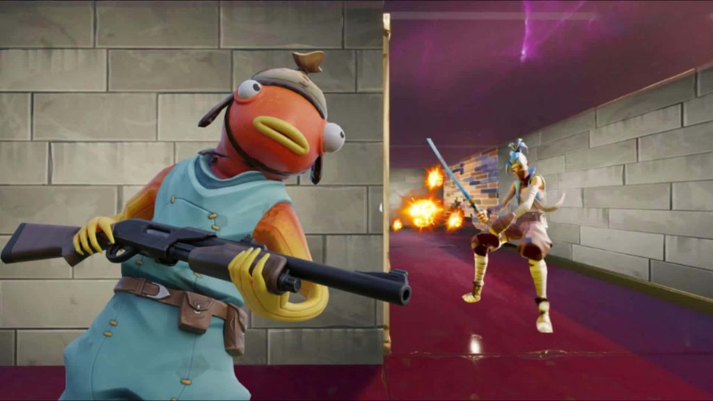 Fortnite Fishstick skin with shotgun in grey brick corridor amid explosive combat action wallpaper