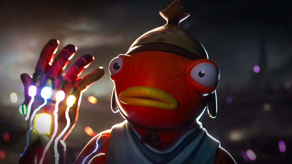 Fortnite Fishstick skin with glowing Infinity Gauntlet cinematic 3D wallpaper background