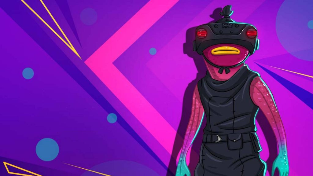 Fortnite Fishstick in futuristic VR headset neon purple pink retro geometric wallpaper background