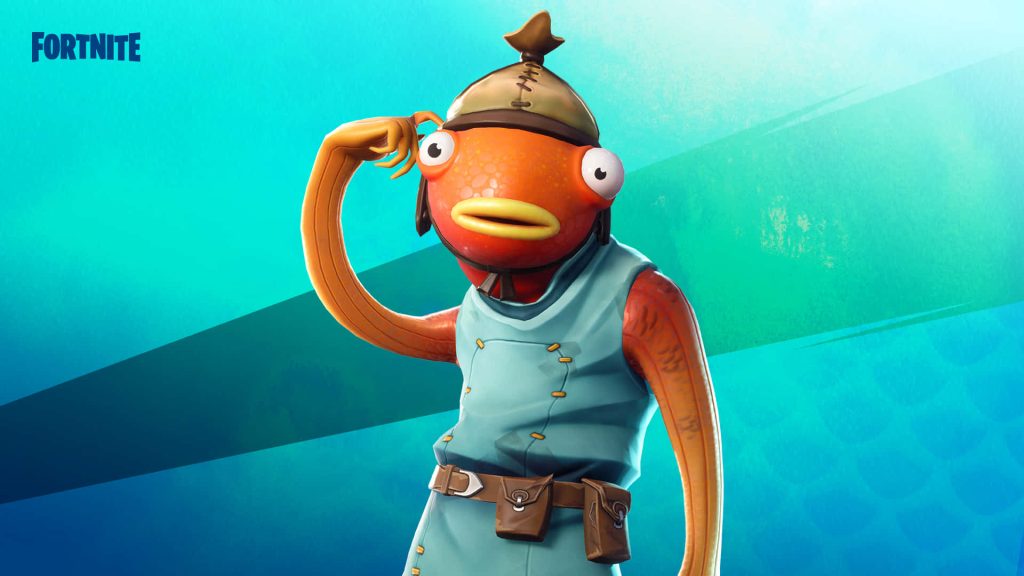 Fortnite Fishstick character in classic blue outfit on vibrant teal gradient desktop wallpaper background