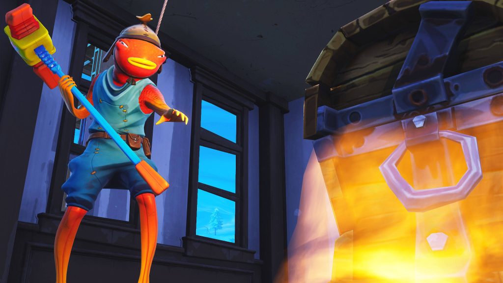 Fortnite Fishstick character with pickaxe near glowing treasure chest in snowy winter room view Wallpaper