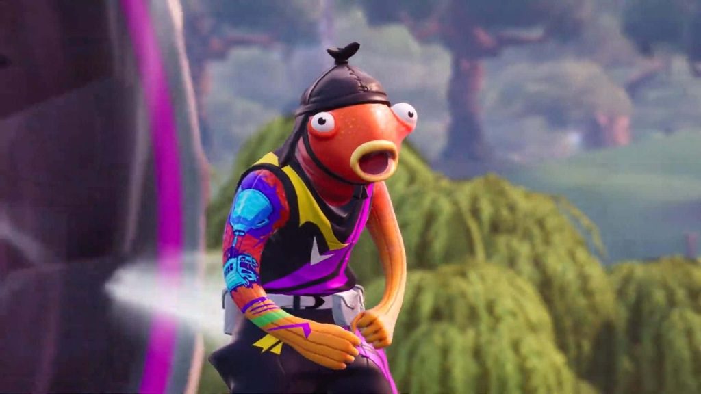 Fortnite Fishstick in vibrant 3D with colorful tattoo and blurred forest background wallpaper