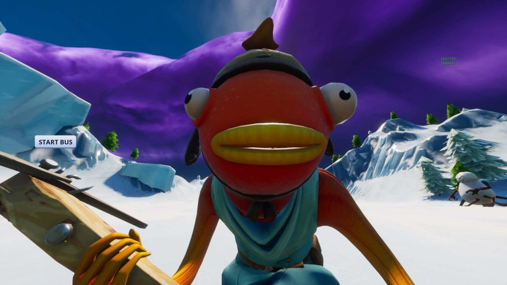 Fortnite Fishstick skin in vibrant snowy landscape with purple storm clouds battle royale wallpaper