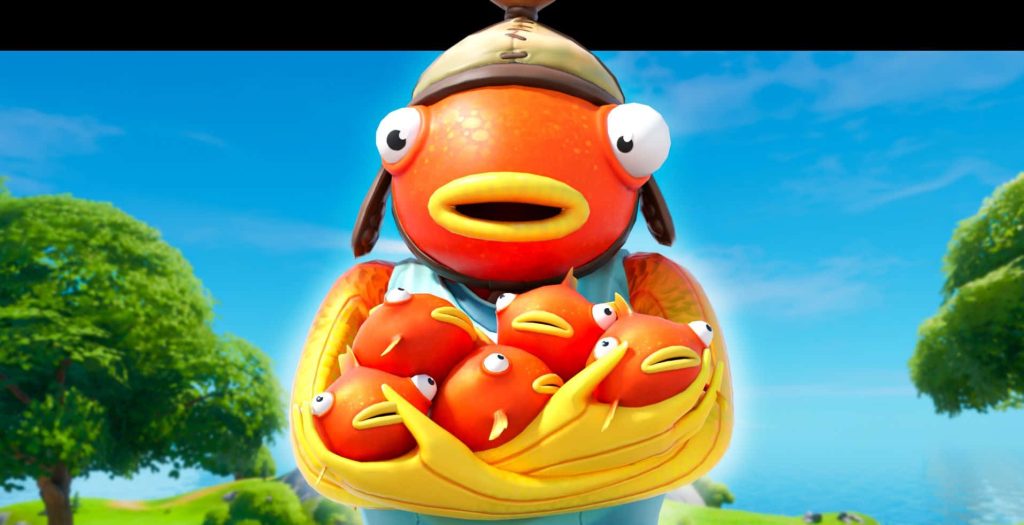 Fortnite Fishstick holding mini fish vibrant 3D wallpaper bright orange and blue outdoor background