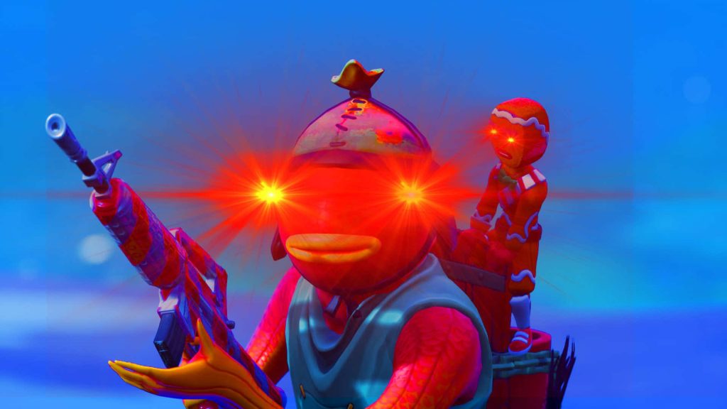 Fortnite Fishstick with red laser eyes and gingerbread back bling on vibrant blue CGI background Wallpaper
