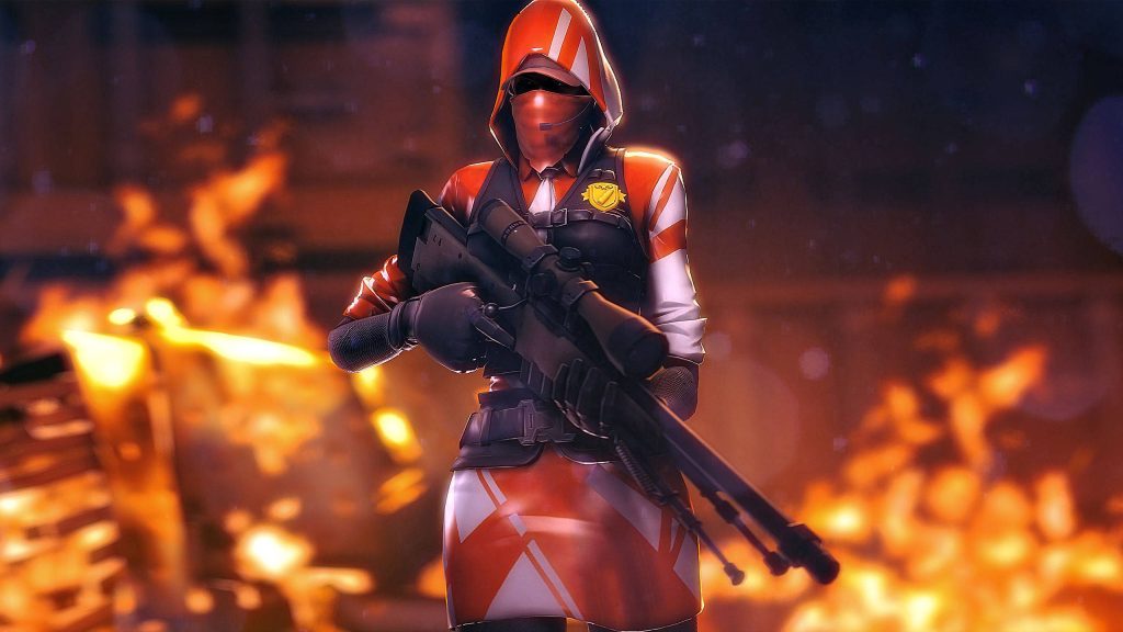 Fortnite Focus skin in red white hood aiming sniper rifle in fiery intense battle scene wallpaper
