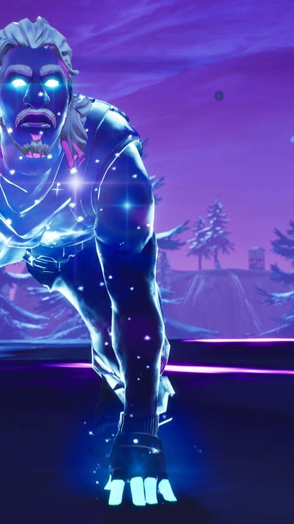 Fortnite Galaxy skin crouching with glowing eyes and star texture on purple cosmic background Wallpaper