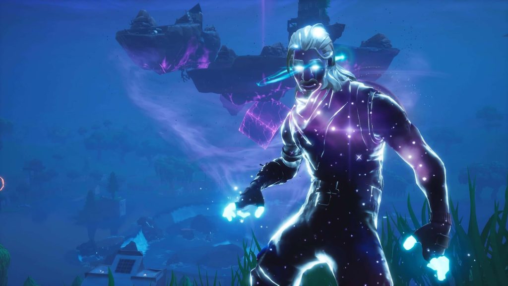 Fortnite Galaxy skin with starry nebula texture glowing eyes floating islands purple rift energy wallpaper