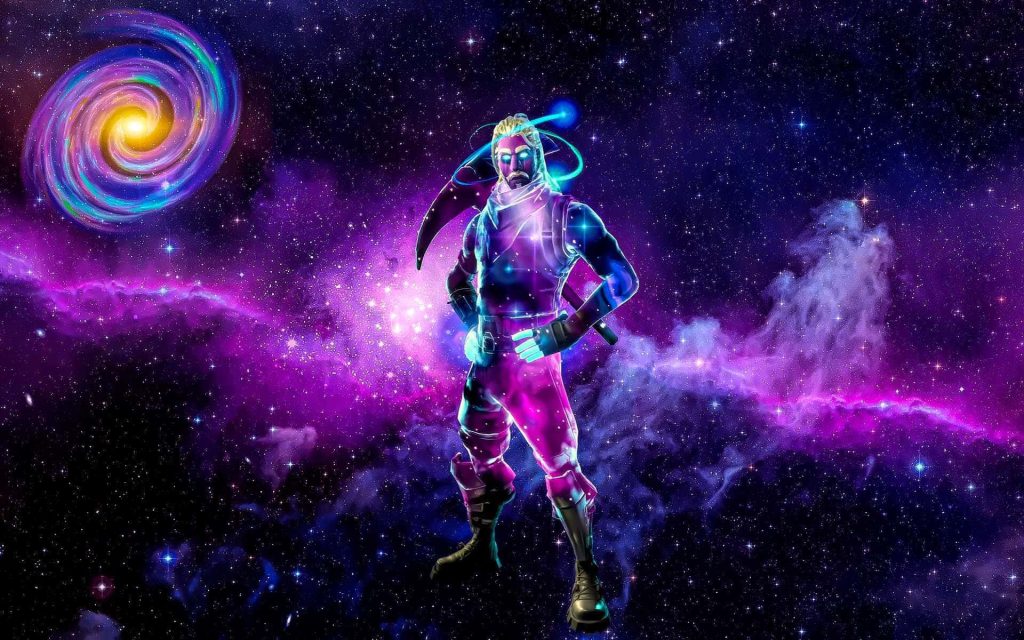 Fortnite Galaxy skin with vibrant cosmic nebula bright stars and glowing spiral galaxy wallpaper