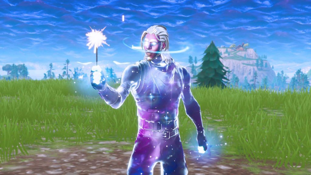Fortnite Galaxy skin in cosmic purple suit with sparkler in vibrant grassy 3D landscape Wallpaper