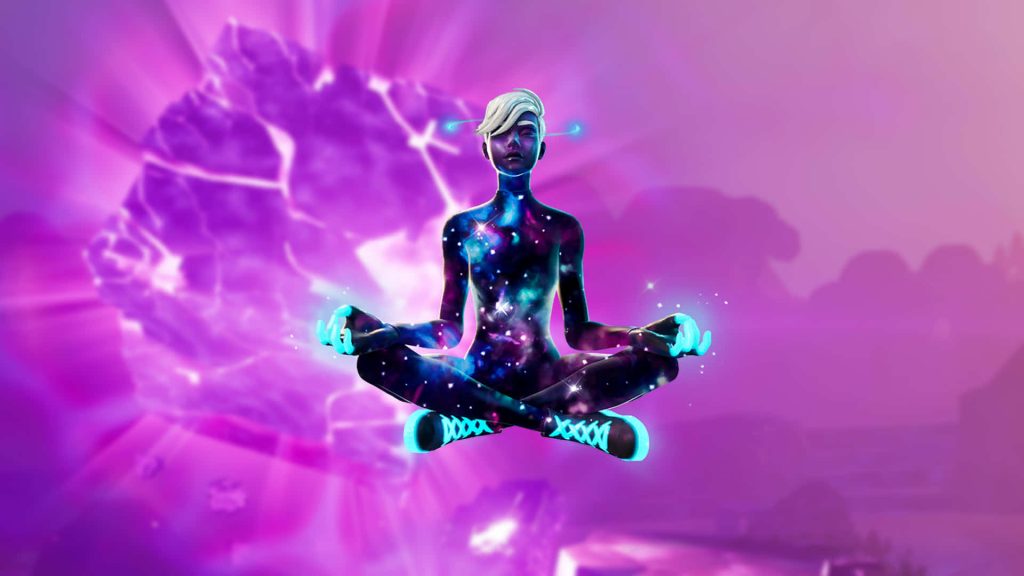 Fortnite Galaxy character meditating in cosmic purple hues 3D digital art wallpaper background