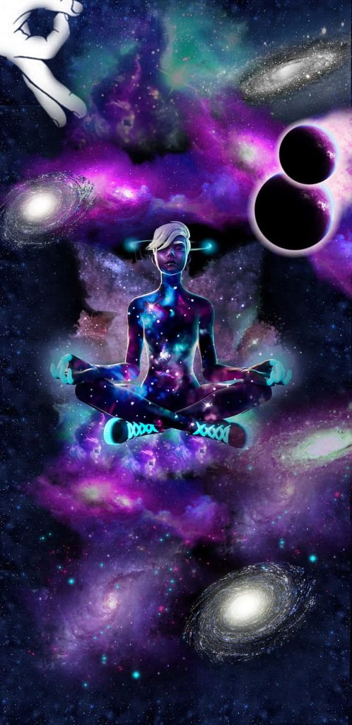Fortnite galaxy skin character meditating in purple nebula with swirling galaxies and OK hand gesture Wallpaper