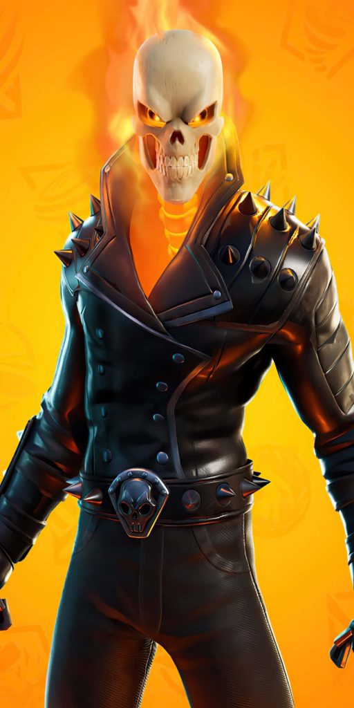 Fortnite Ghost Rider with flaming skull glowing eyes spiked leather jacket fiery orange background Wallpaper