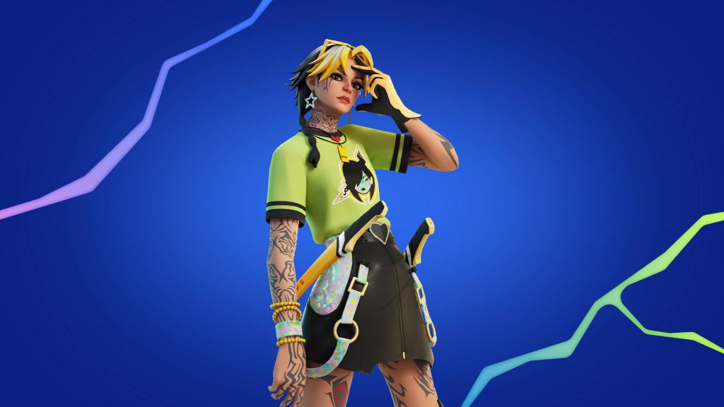 Fortnite Gia skin wallpaper 3D render edgy tattoos two-tone hair blue energy background desktop