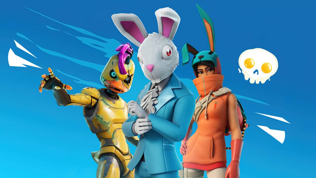 Fortnite HD wallpaper with Rabbit Raider Bunny Brawler Quackling skins bright blue skull background