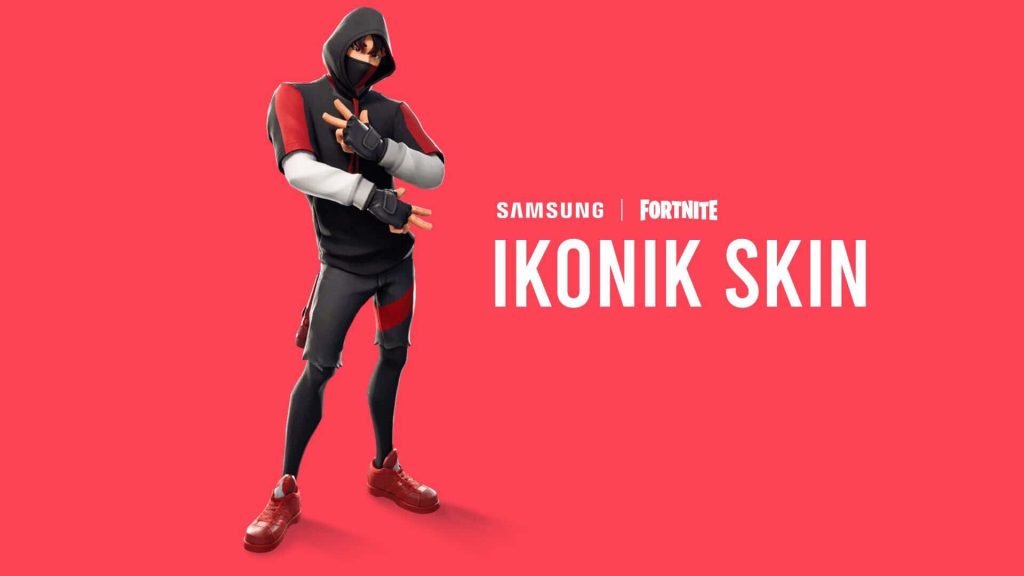 Fortnite Ikonik Samsung-exclusive skin in black red streetwear on vibrant red background wallpaper