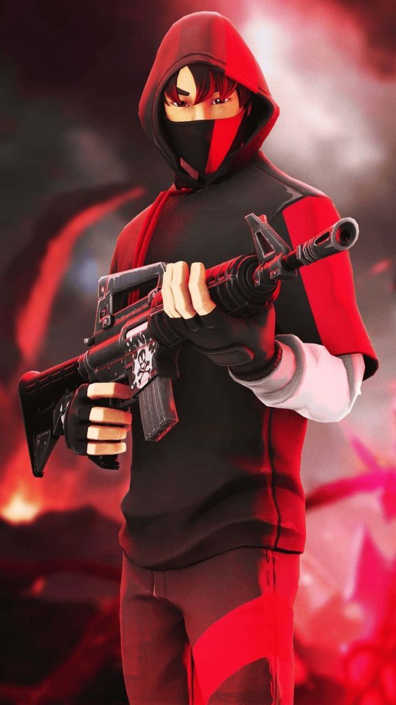 Fortnite Ikonik rare skin in red black hoodie with assault rifle fiery red digital wallpaper