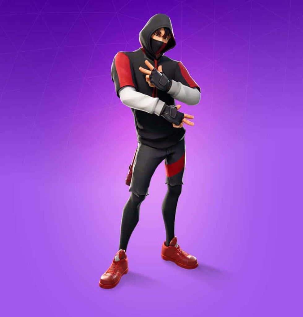 Fortnite Ikonik skin in black red hoodie dancing 3D render on bold purple background wallpaper