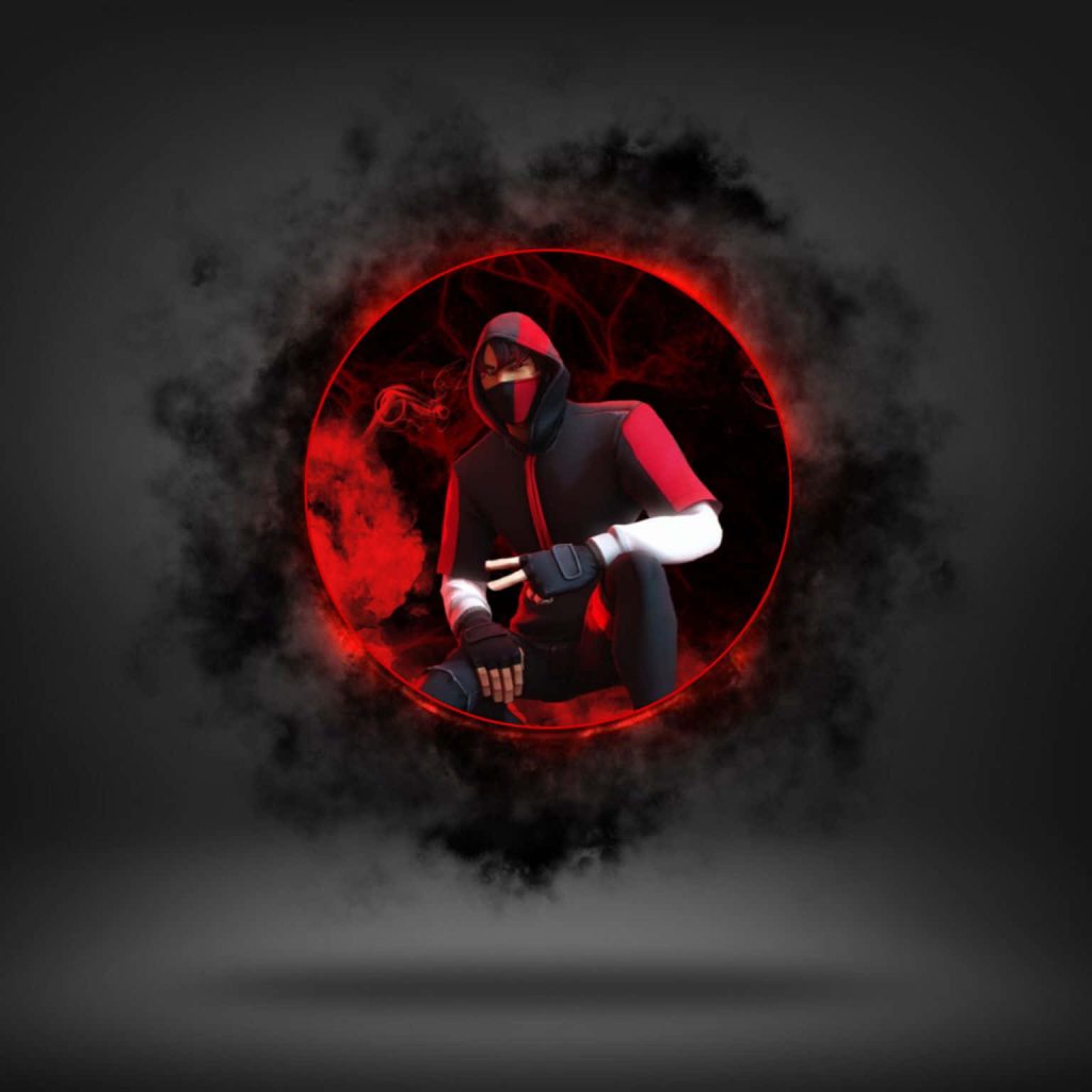 Fortnite Ikonik skin crouching in glowing red circle with dark smoke intense black red wallpaper
