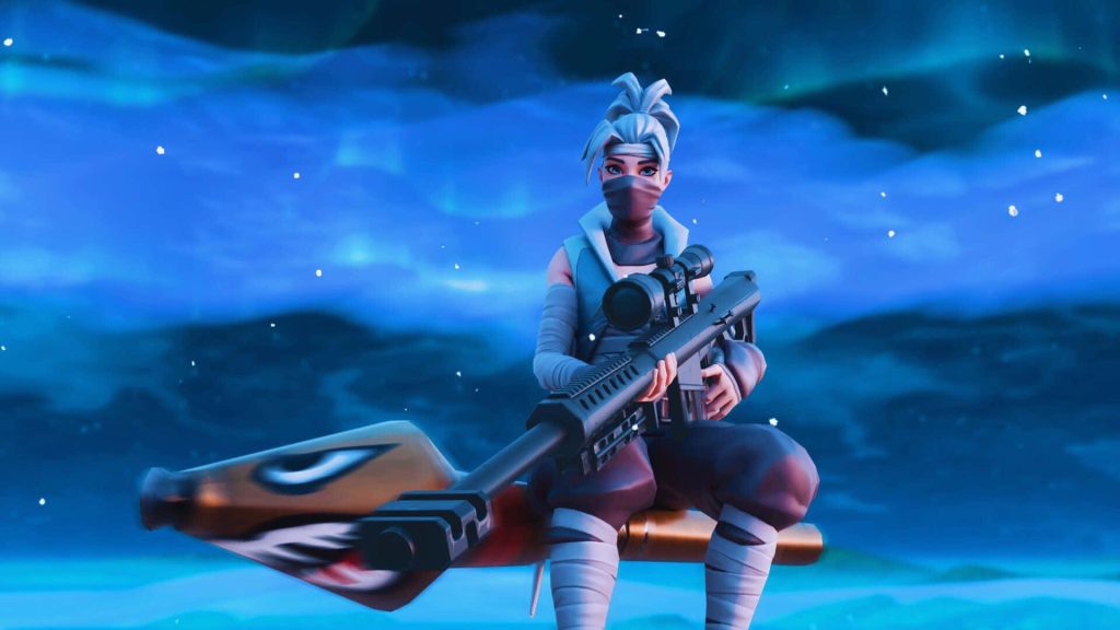 Fortnite Kuno skin in ninja outfit on shark missile with sniper rifle deep blue background wallpaper
