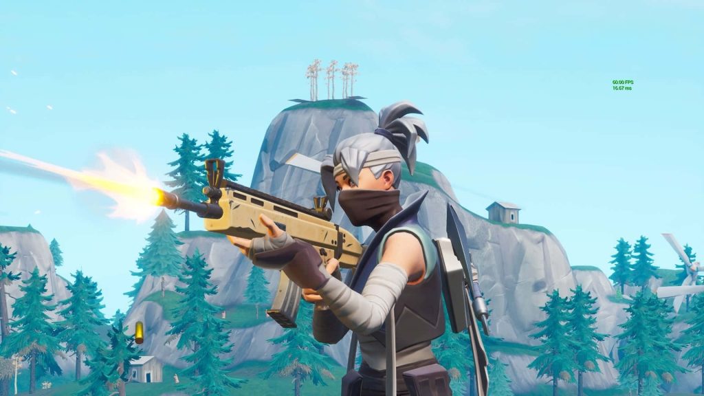 Fortnite Kuno skin firing tan assault rifle vibrant mountain background CGI gaming wallpaper
