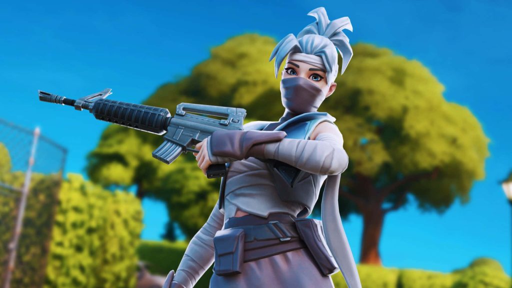Fortnite Kuno skin 3D render with assault rifle vibrant natural background desktop wallpaper