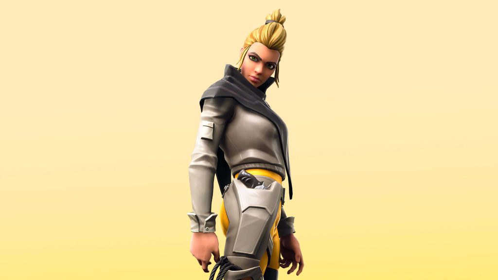 Kuno Fortnite character wallpaper 3D render blonde top-knot grey yellow tactical gear desktop