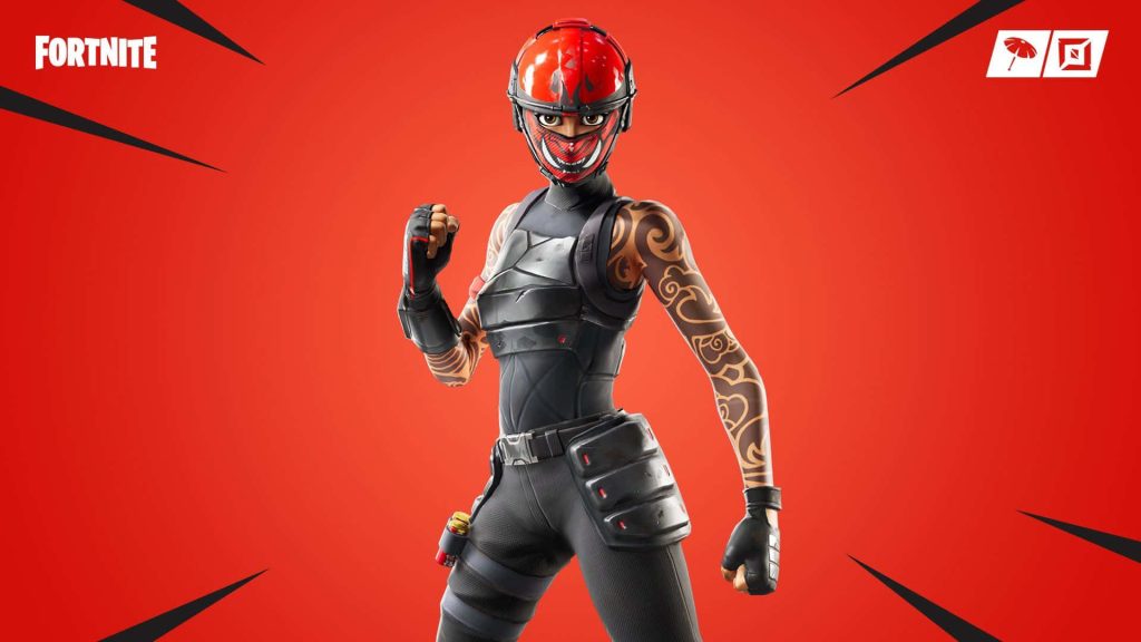 Fortnite Manic skin 3D render with red helmet black tactical armor ink tattoos on red background Wallpaper