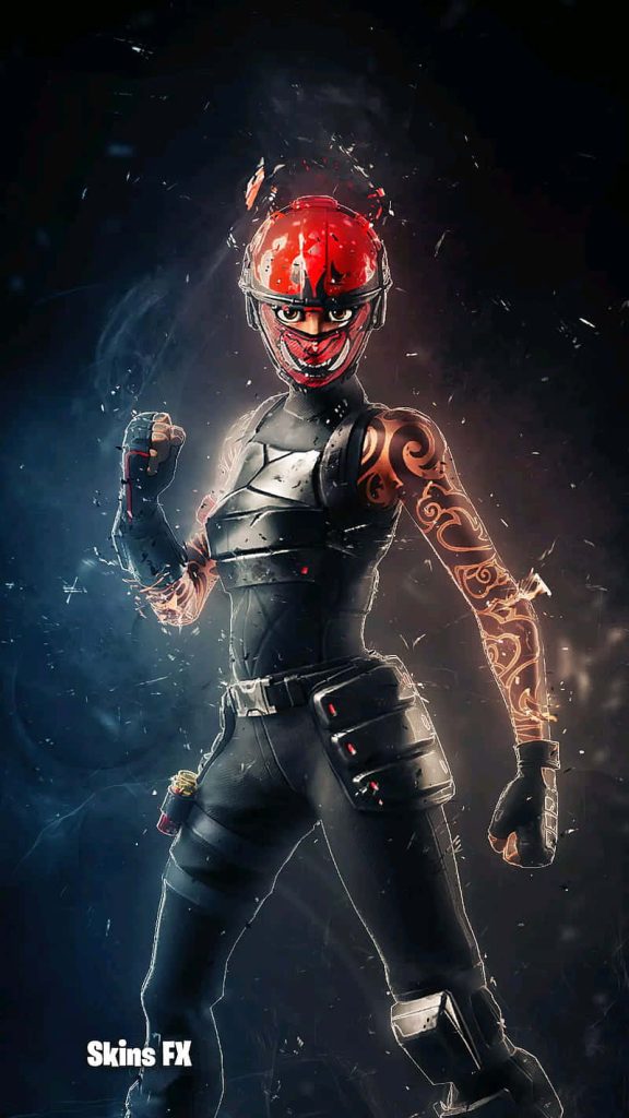 Fortnite Manic skin digital art with black tactical gear red helmet detailed tattoos wallpaper