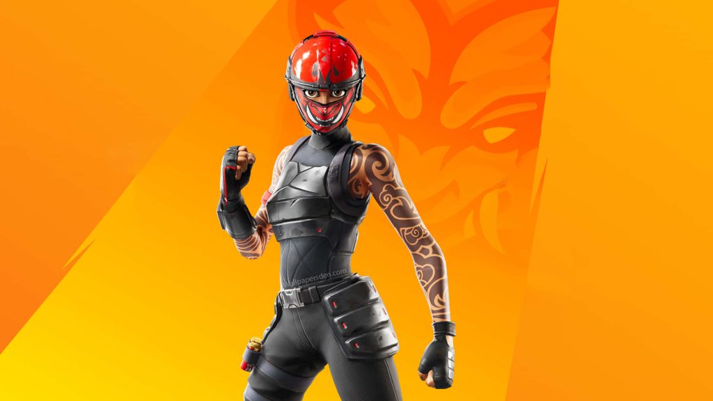 Fortnite Manic skin with red helmet Oni mask and arm tattoos on vibrant orange background wallpaper