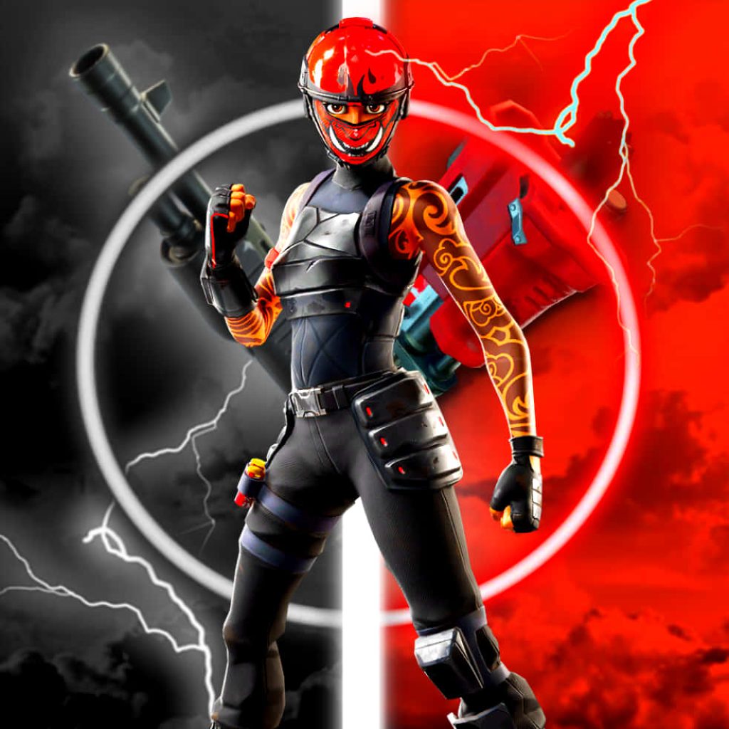 Fortnite Manic skin wallpaper red oni mask flame tattoos dark lightning vivid red background