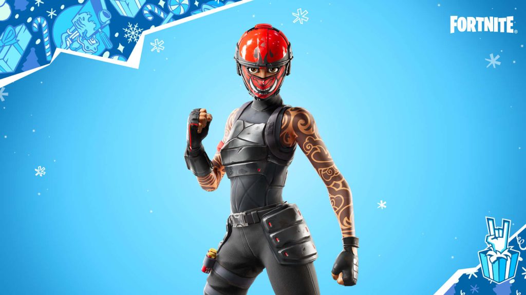 Fortnite Manic skin with red mask black armor and detailed tattoos on festive blue background Wallpaper
