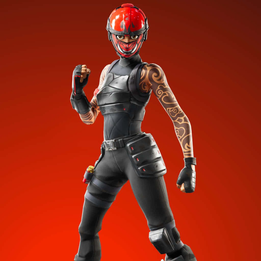 Fortnite Manic skin with red Oni mask tactical gear and tattoos on vibrant red CGI background Wallpaper