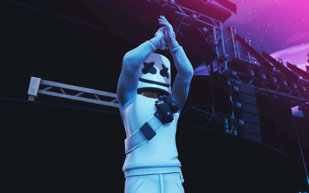 Fortnite Marshmello virtual concert neon-lit CGI stage wallpaper for gamers and fans