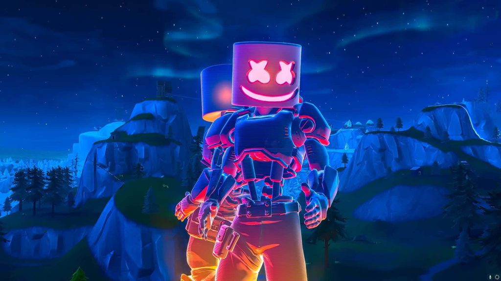 Fortnite Marshmello glowing neon skin CGI wallpaper starry blue night gaming background