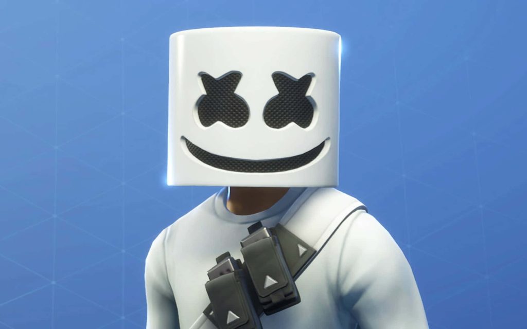 Fortnite Marshmello skin digital wallpaper with white mask X eyes tactical gear on blue background