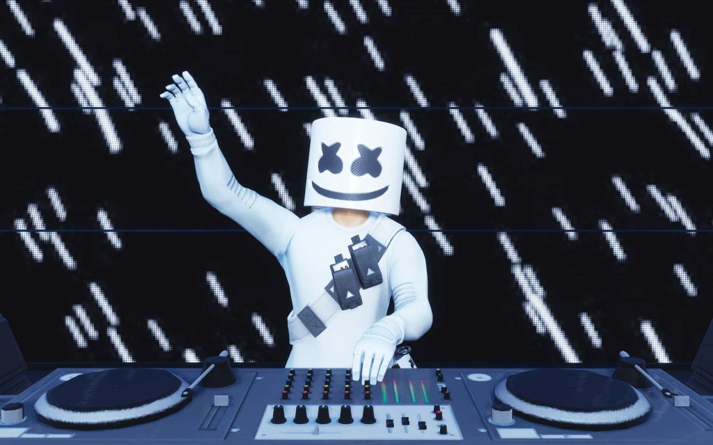 Fortnite Marshmello DJ in white helmet mixing console vibrant 3D gaming concert wallpaper background