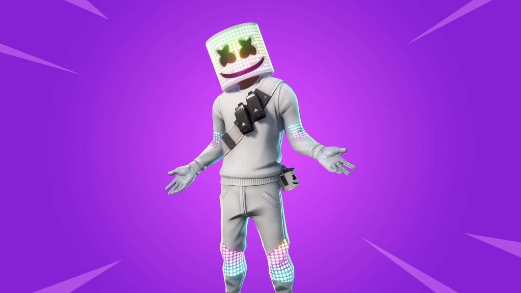 Fortnite Marshmello 3D render with white helmet on vibrant purple background gaming wallpaper
