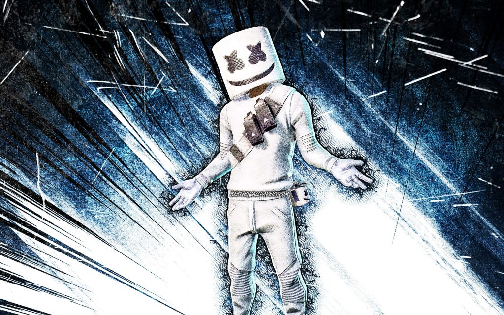 Fortnite Marshmello DJ skin digital art wallpaper with blue lighting and dynamic motion lines