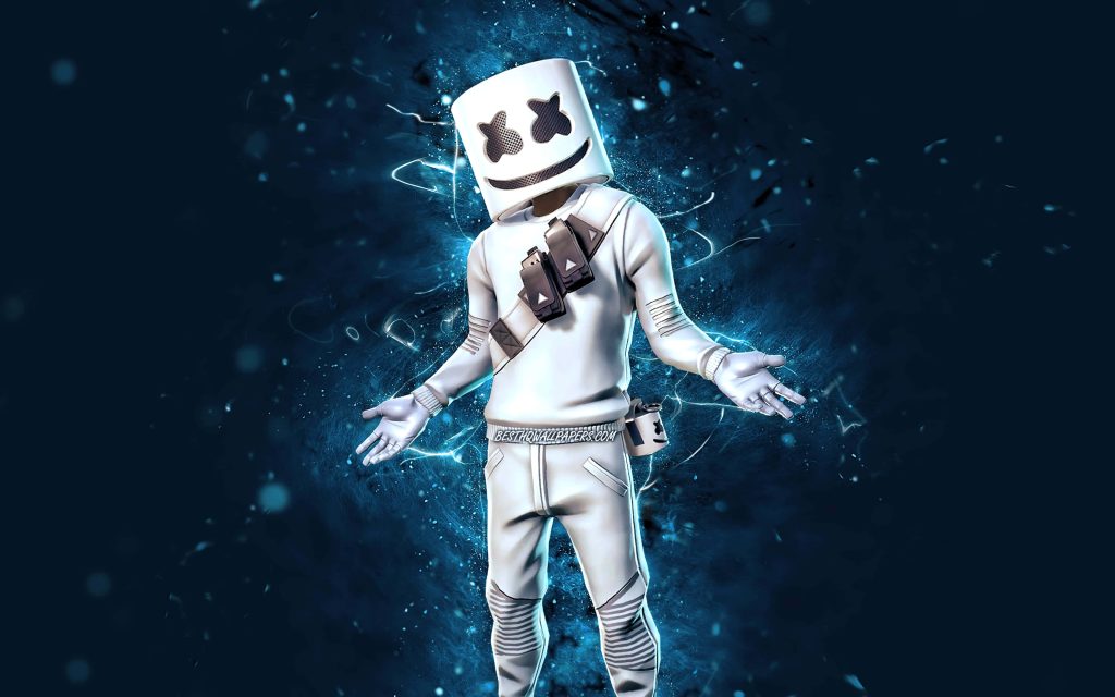 Fortnite Marshmello DJ in white helmet glowing dark blue energy field CGI wallpaper background