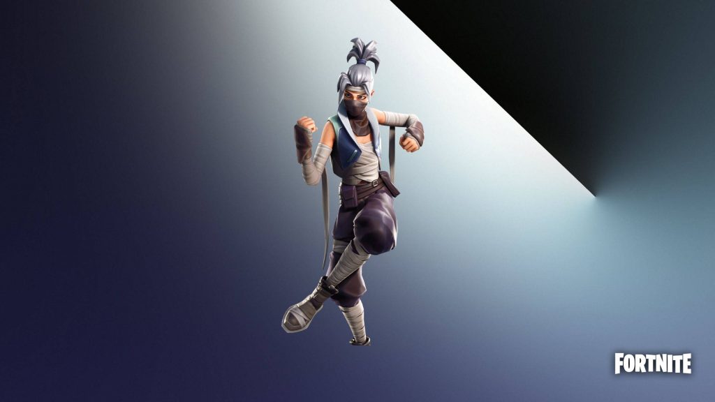 Fortnite ninja Kuno CGI wallpaper silver ponytail face mask bandaged look blue gradient background