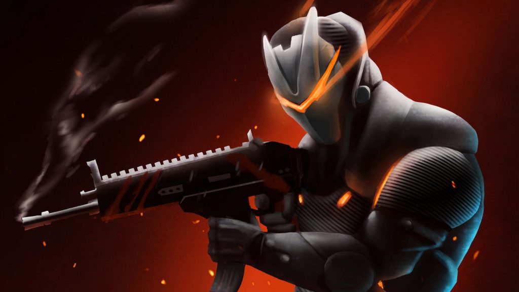 Fortnite Omega skin aiming assault rifle dark background glowing embers 4k wallpaper