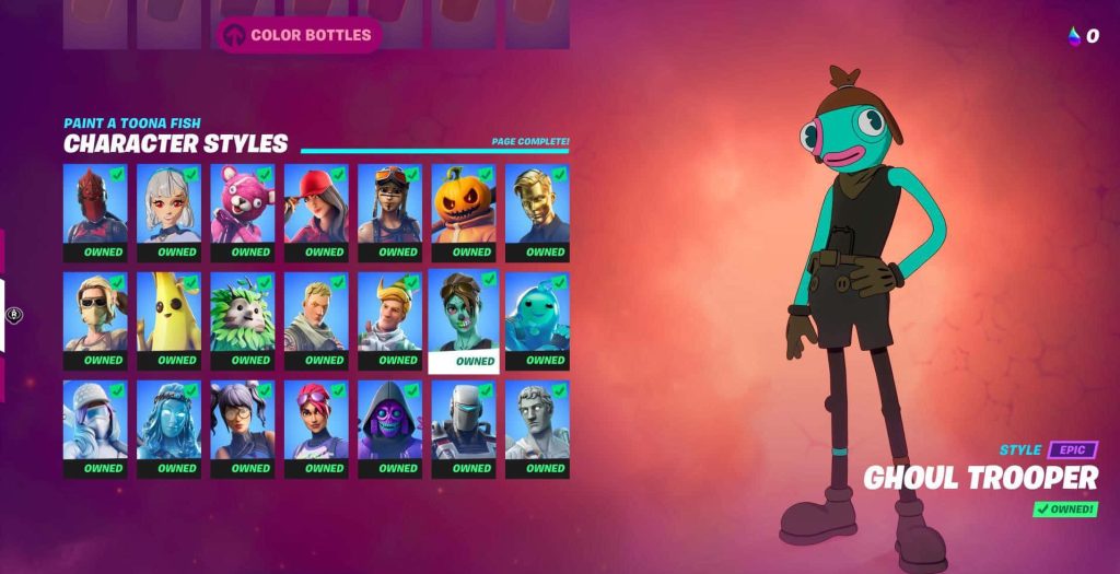 Fortnite Paint a Toona Fish customization menu showing Ghoul Trooper style and owned skins grid Wallpaper