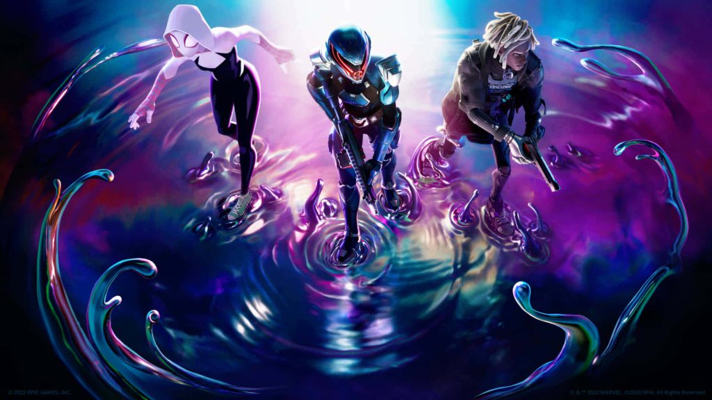Fortnite Paradise season wallpaper with Spider-Gwen Origin Paradigm in neon purple blue chrome