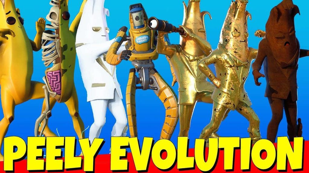 Fortnite Peely wallpaper with original Peely and iconic skins on bright blue background