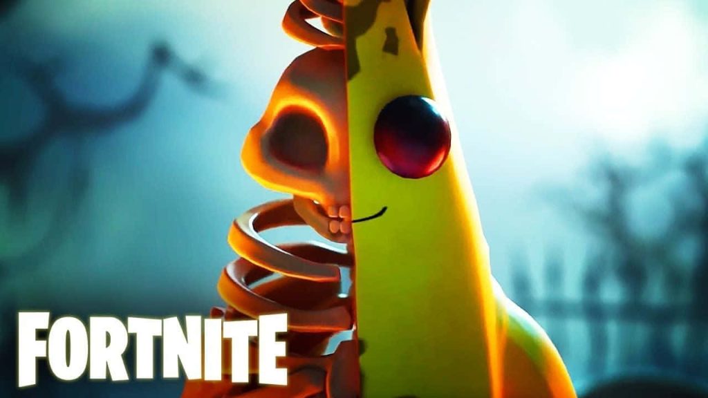 Fortnite Peely split view wallpaper showing classic yellow and skeletal Bone skin in dark mist