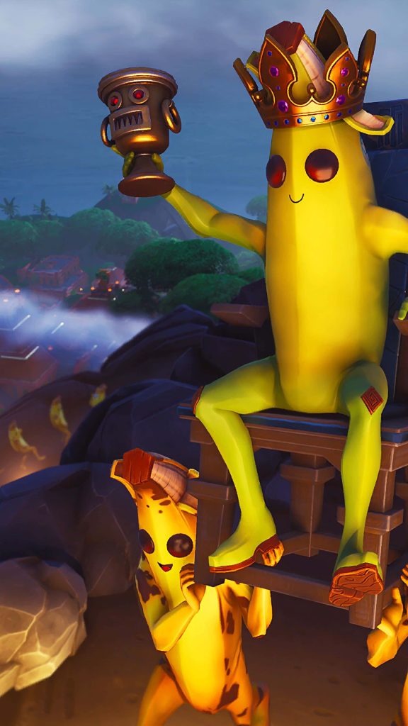 Fortnite wallpaper with crowned Peely on throne holding golden trophy in tropical misty jungle