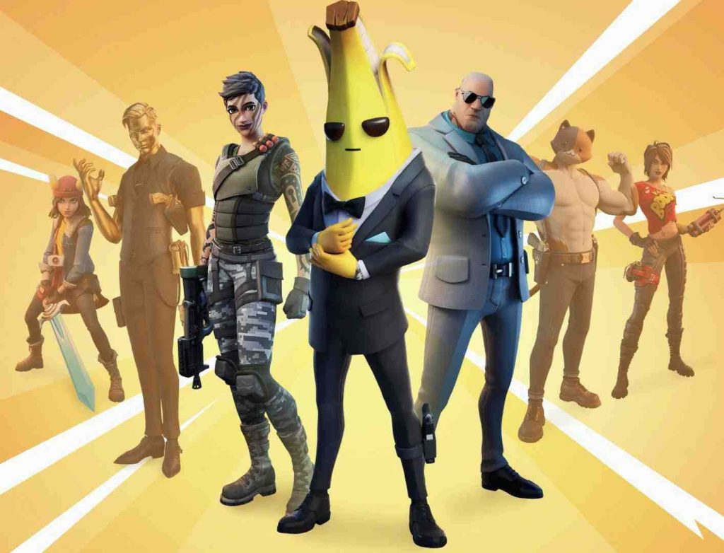 Fortnite Peely in tuxedo with Season 2 spy crew Midas Skye Brutus Meowscles TNTina golden background Wallpaper